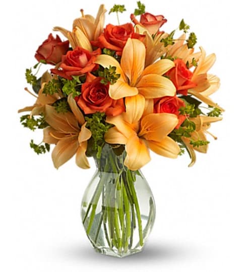 FIREY LILY AND ROSE. An arrangement by Fine's Flowers.