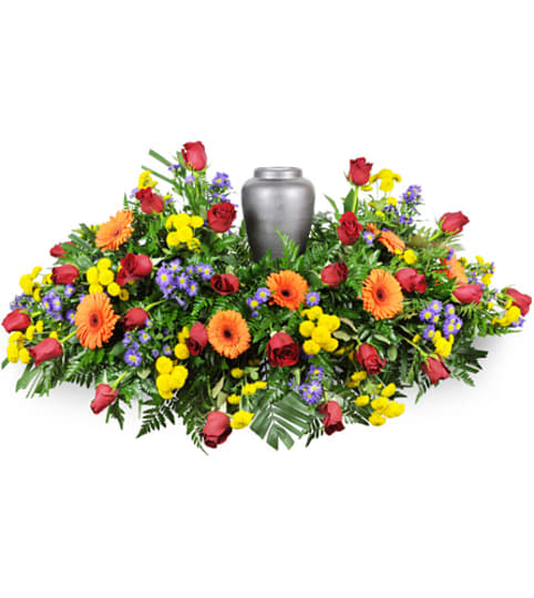 Bright Memories Urn Spray. An arrangement by Fine's Flowers.