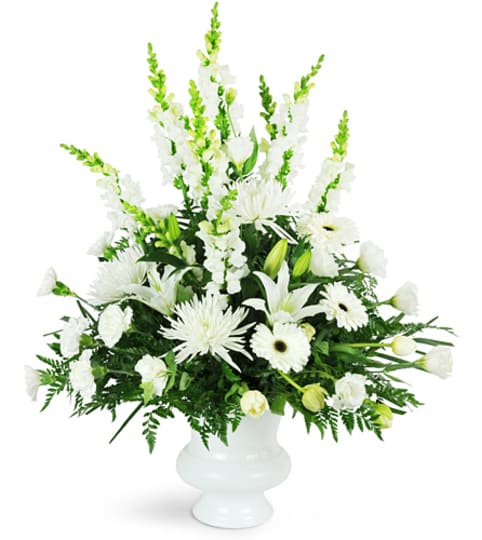 Peaceful White Tribute. An arrangement by Fine's Flowers.